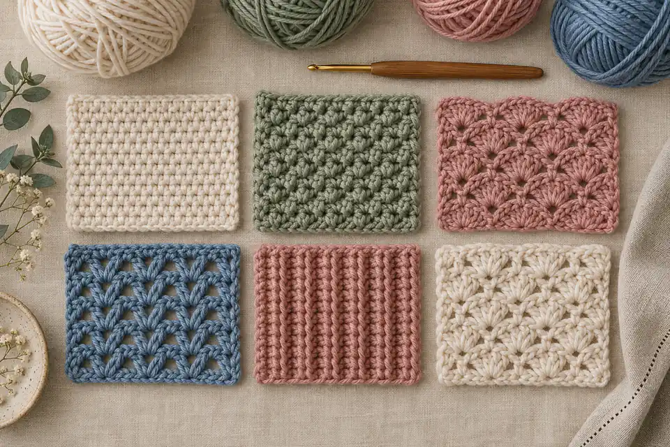 Six crochet stitch samples showing open, solid and textured fabrics