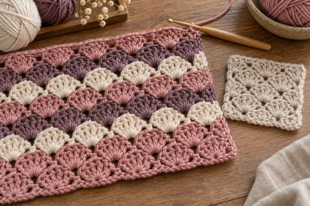 Staggered shell and granny style crochet fabric in warm colors