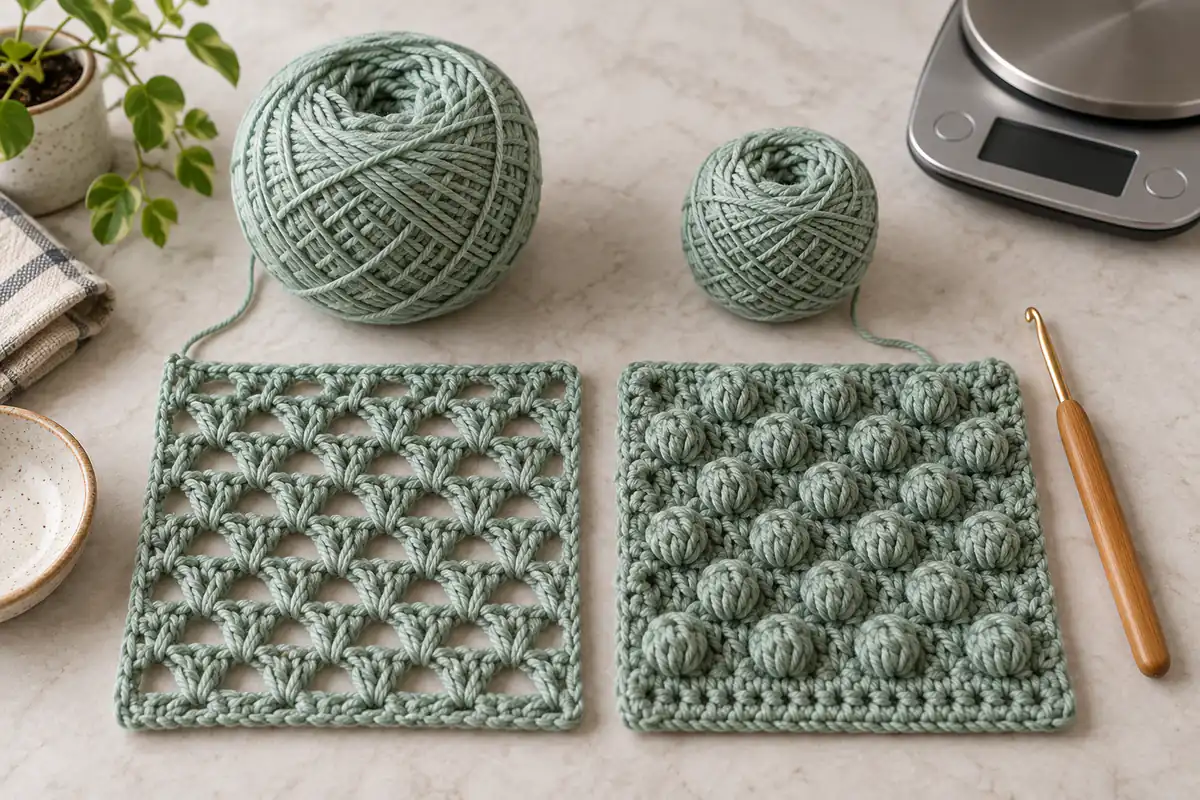 Airy V stitch and dense bobble swatches compared with yarn