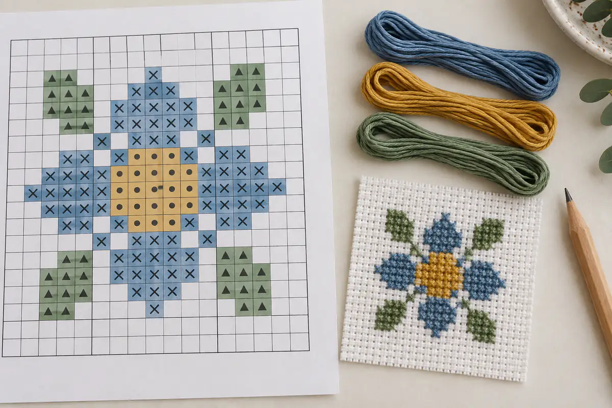 A clear symbol chart beside its matching stitched beginner motif