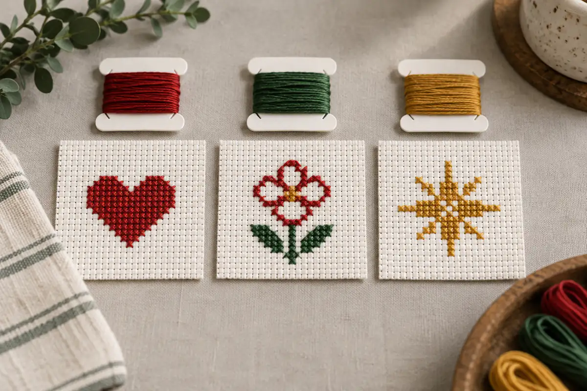 Three small cross stitch swatches showing a beginner project progression