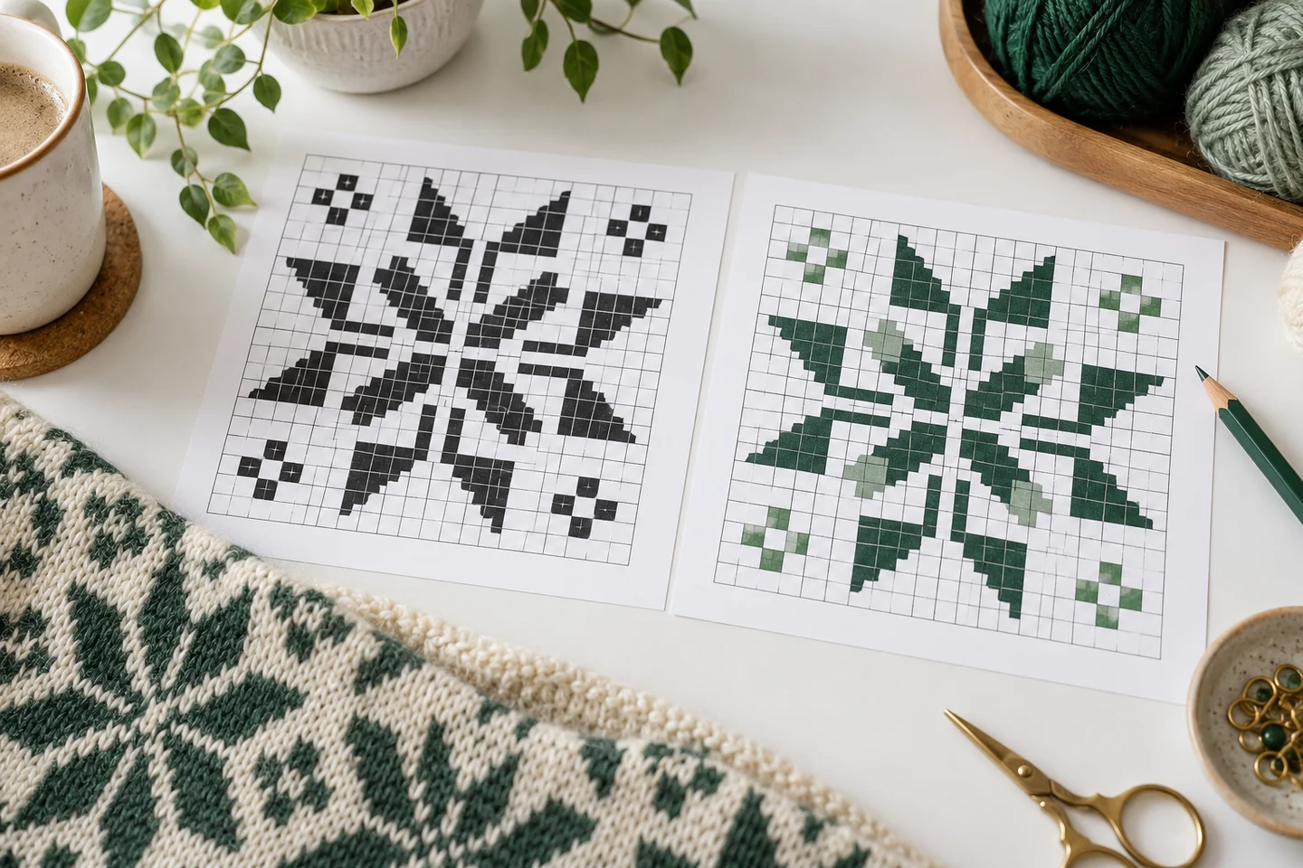 Color and monochrome stitch charts presented side by side