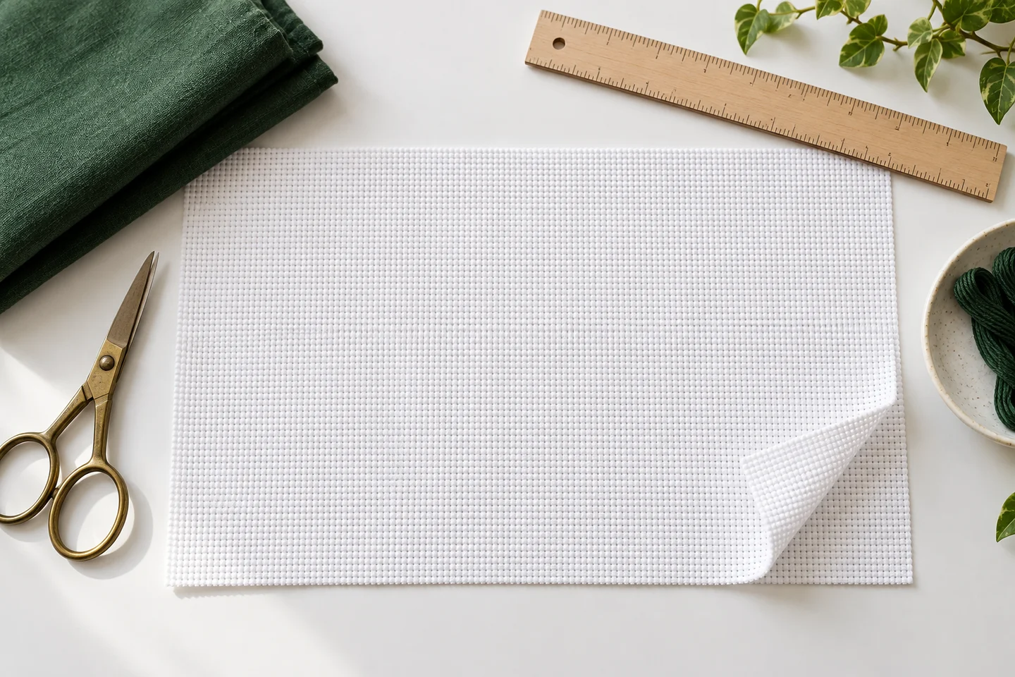 Fabric laid flat with measuring tools for calculating a cut