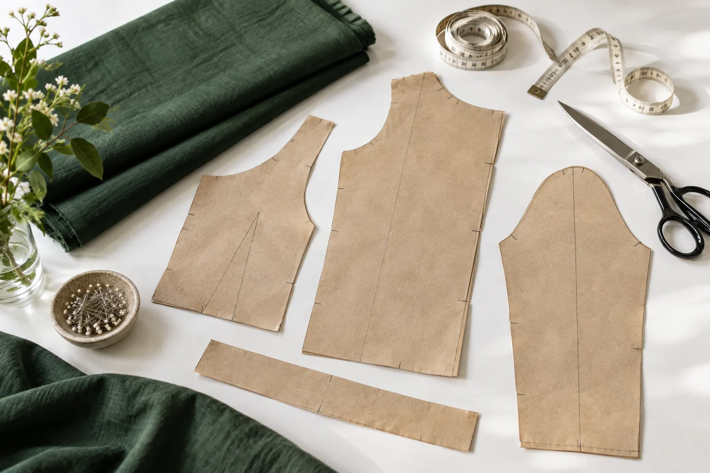 Paper sewing templates and measuring tools arranged on fabric