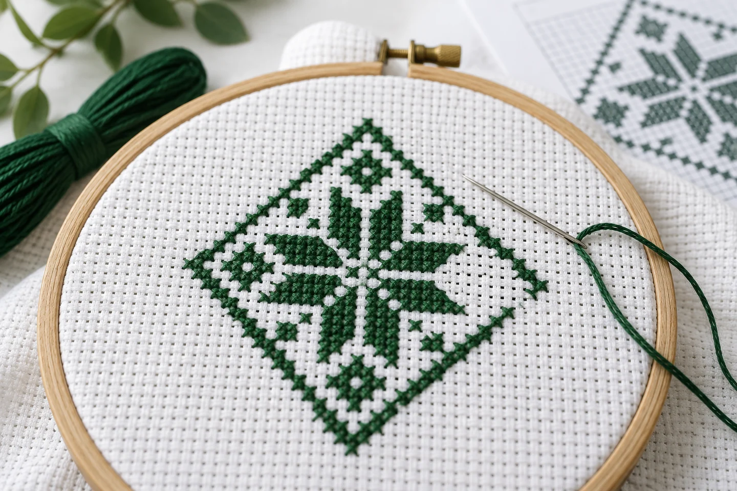 Counted stitching on an open Aida grid with chart and needle