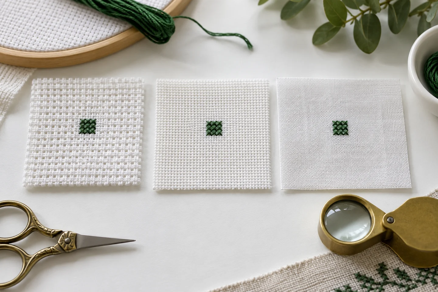Three embroidery fabric swatches showing different stitch-grid sizes