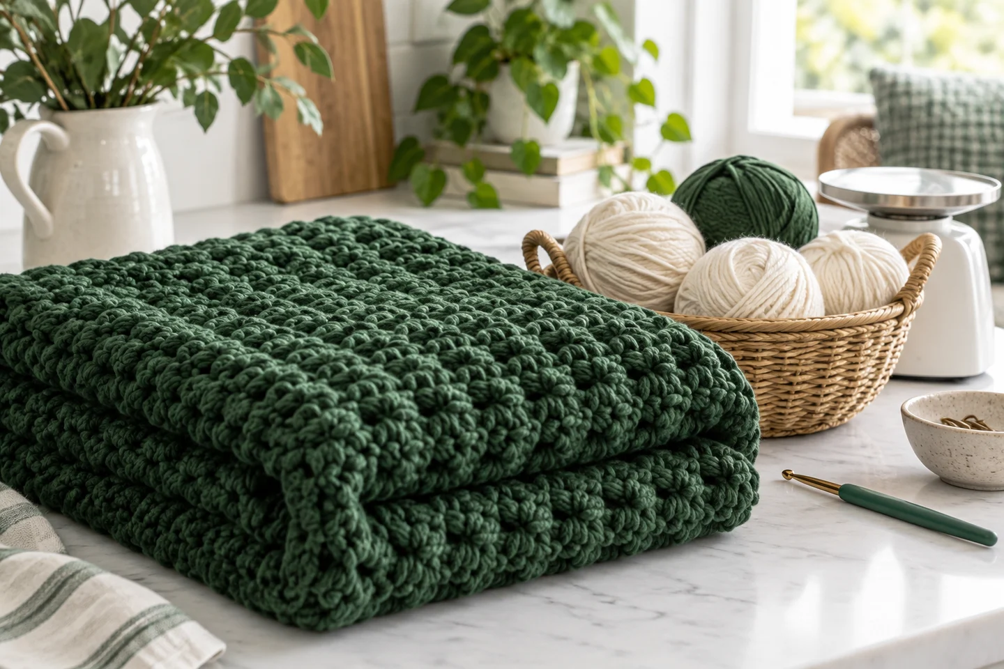 A folded green crochet blanket beside yarn and a measuring scale