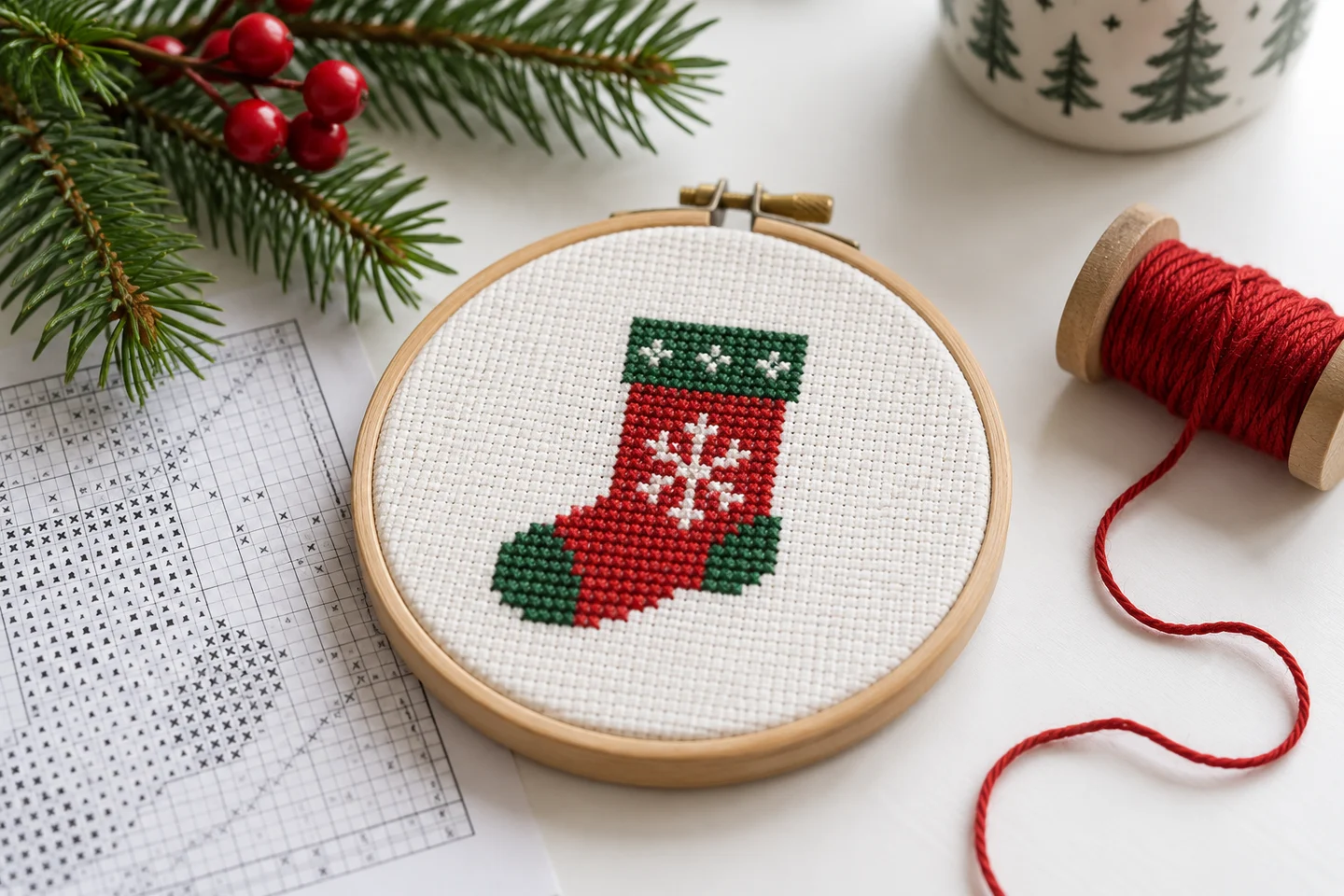 Holiday chart sheets styled with seasonal stitching supplies