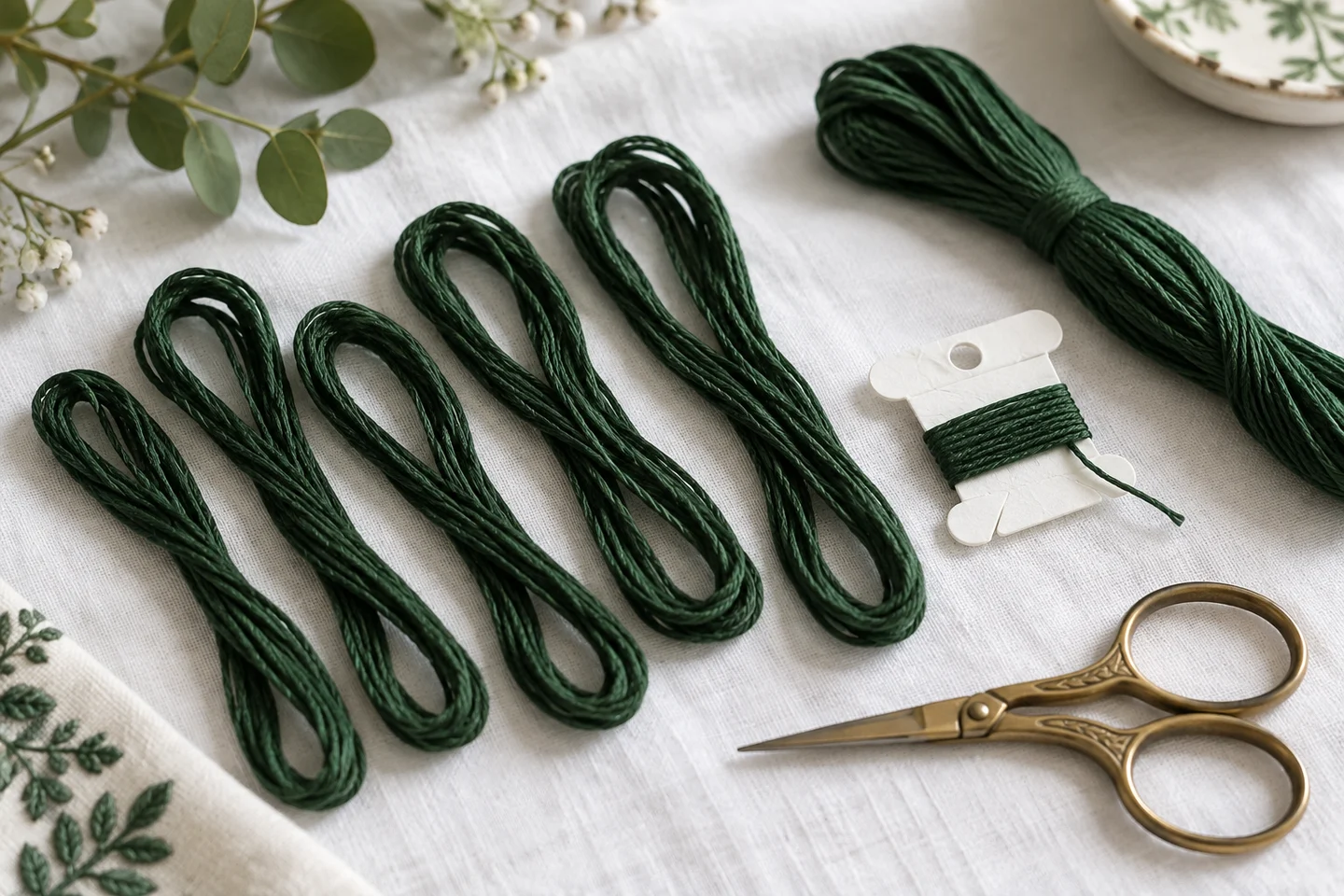 Floss skeins and measured thread prepared for a project