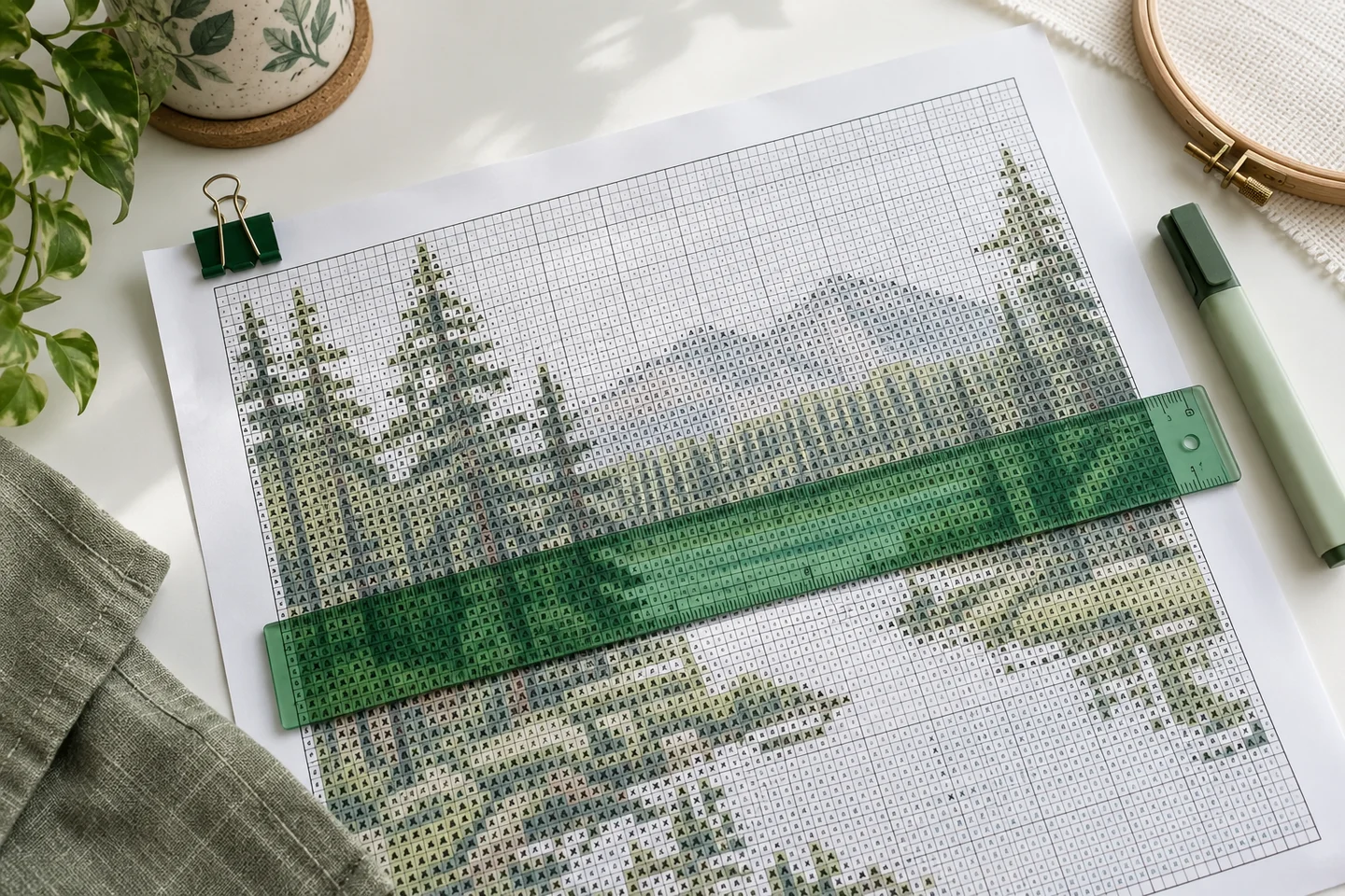 A printed cross stitch chart with a green ruler and stitching supplies