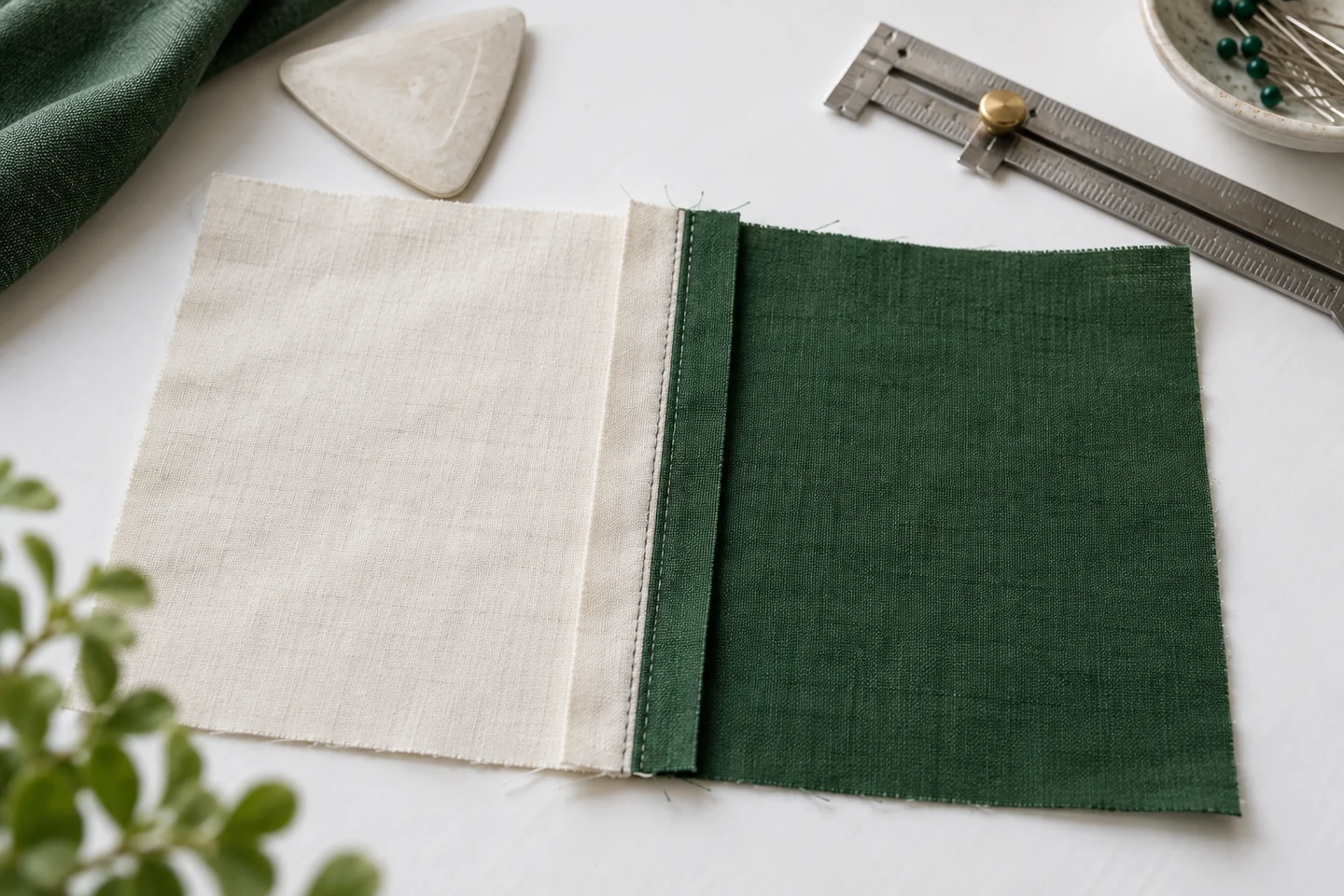 Sewing fabric edges and a seam gauge on a bright worktable