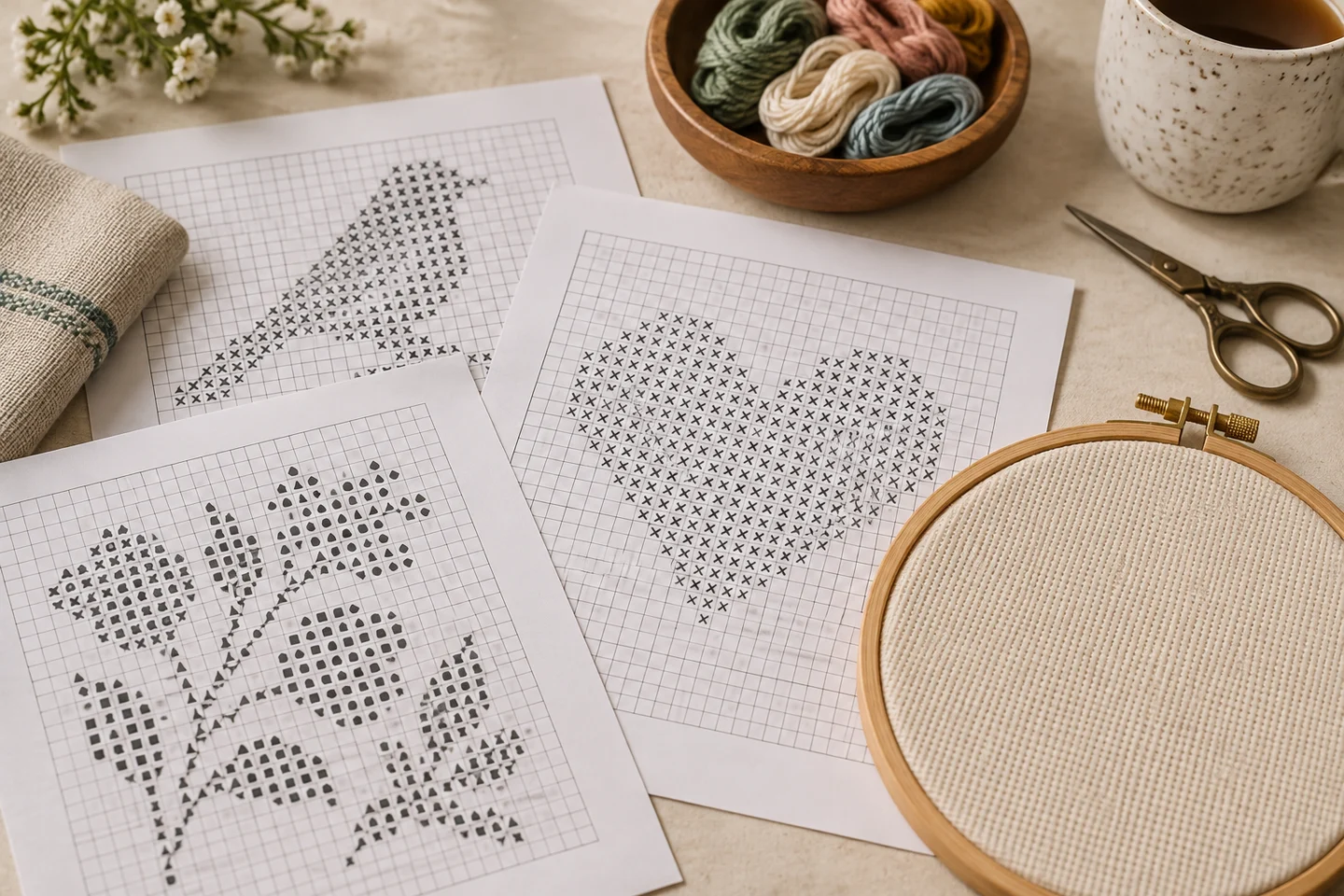 Symbol charts and stitching supplies on a craft desk