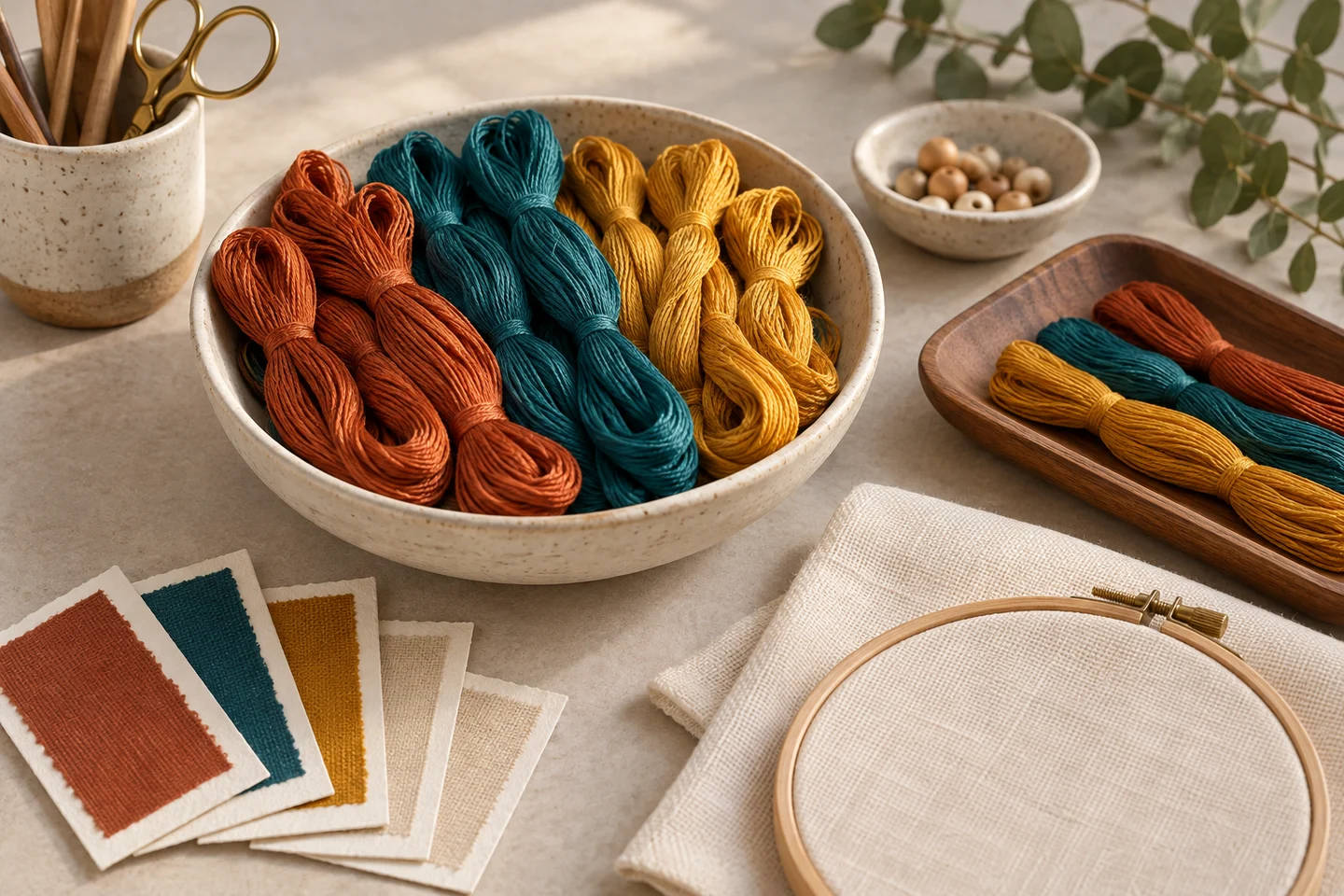 Colored embroidery floss and fabric swatches arranged for palette planning