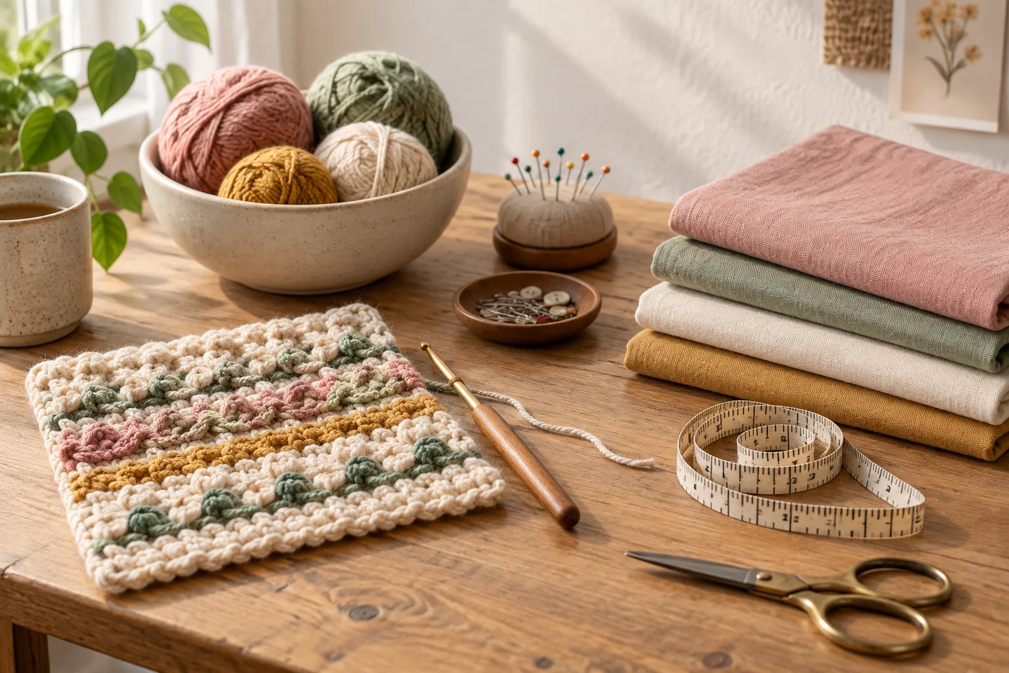 A crochet swatch with yarn and measuring supplies