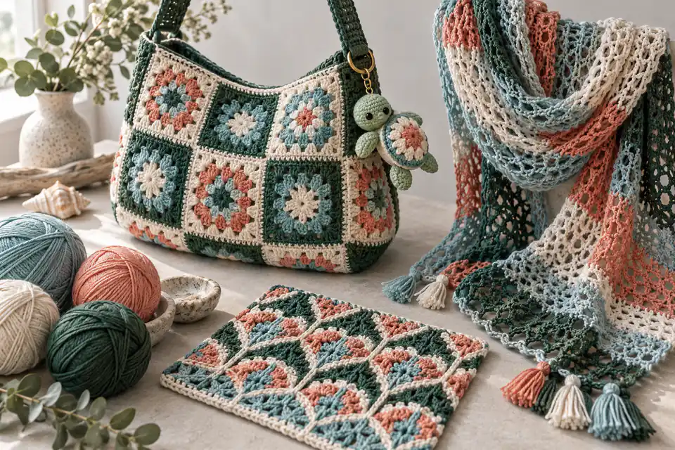 Modern crochet collection with a granny square bag, charm, scarf and swatch