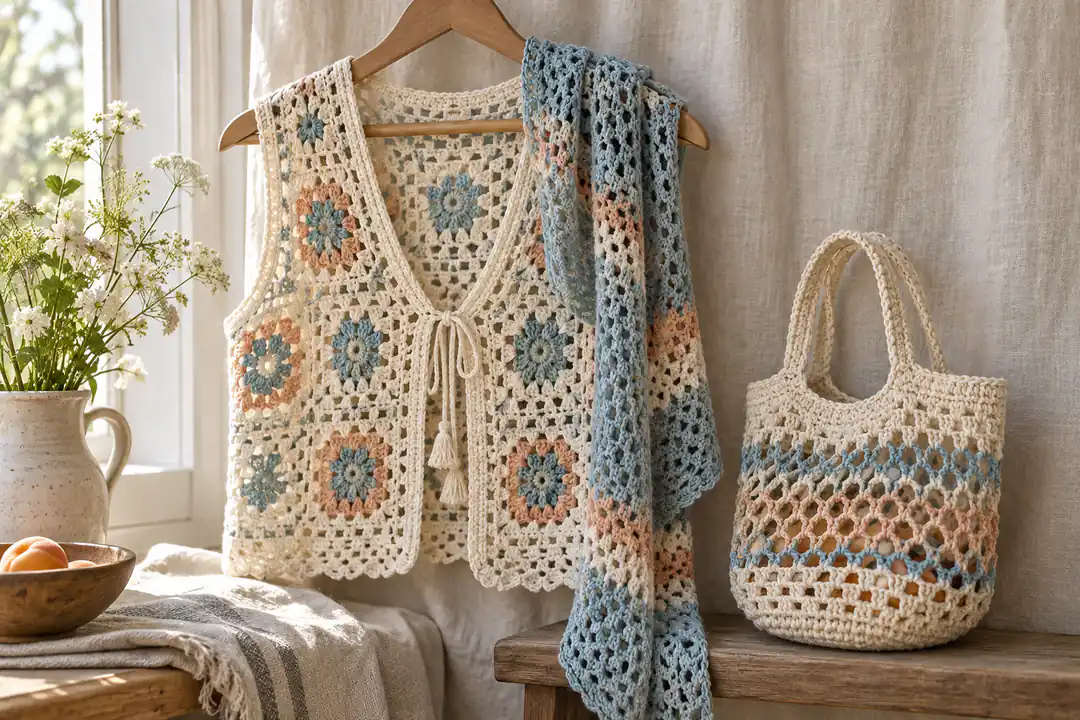 Openwork crochet vest, scarf and small bag in a modern palette