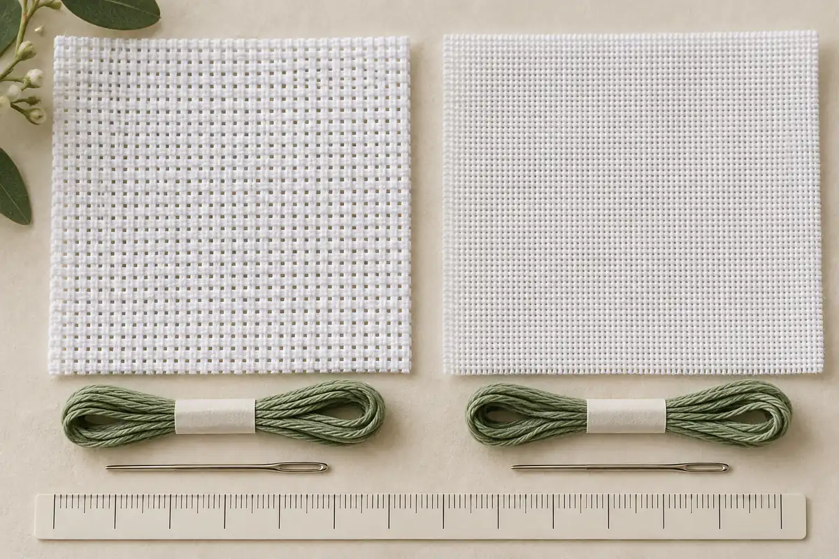 Aida fabric and finer evenweave compared beside a hoop and tapestry needle