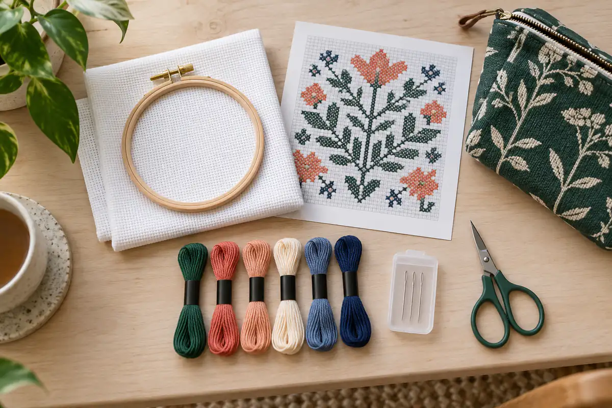 Complete beginner cross stitch kit with hoop, Aida, floss, needle, chart and scissors