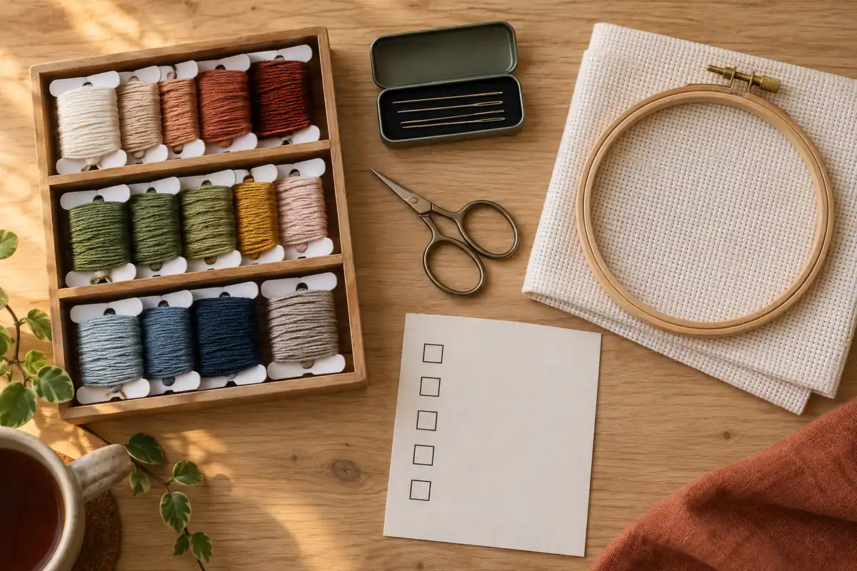 Organized cross stitch supplies with floss, needles, scissors and hoop