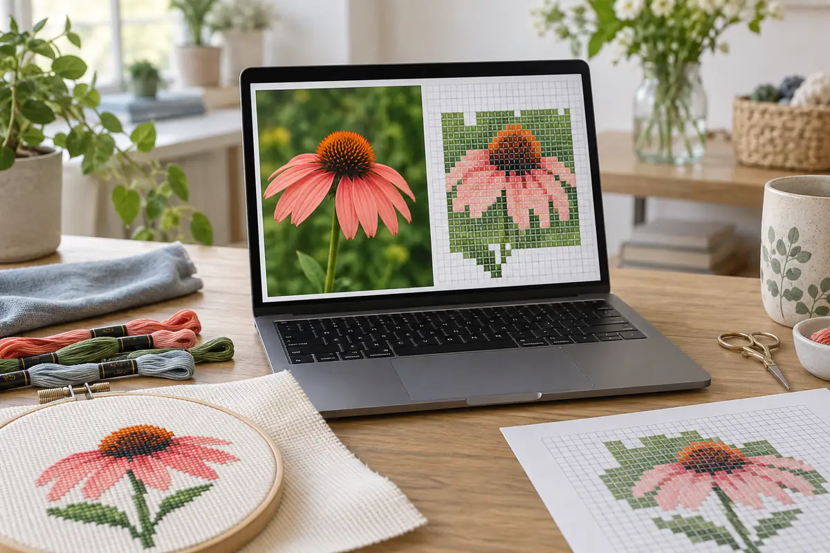 A laptop showing a flower photo and its cross stitch grid preview