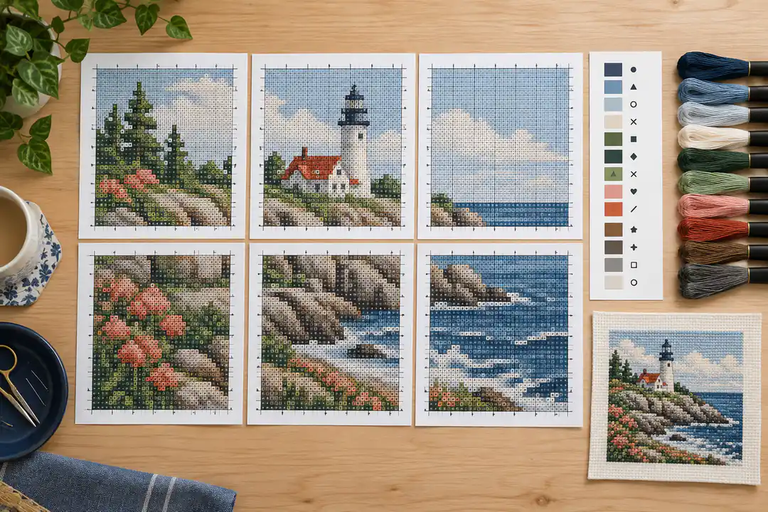 A multipage cross stitch chart with symbols, floss and a stitched preview