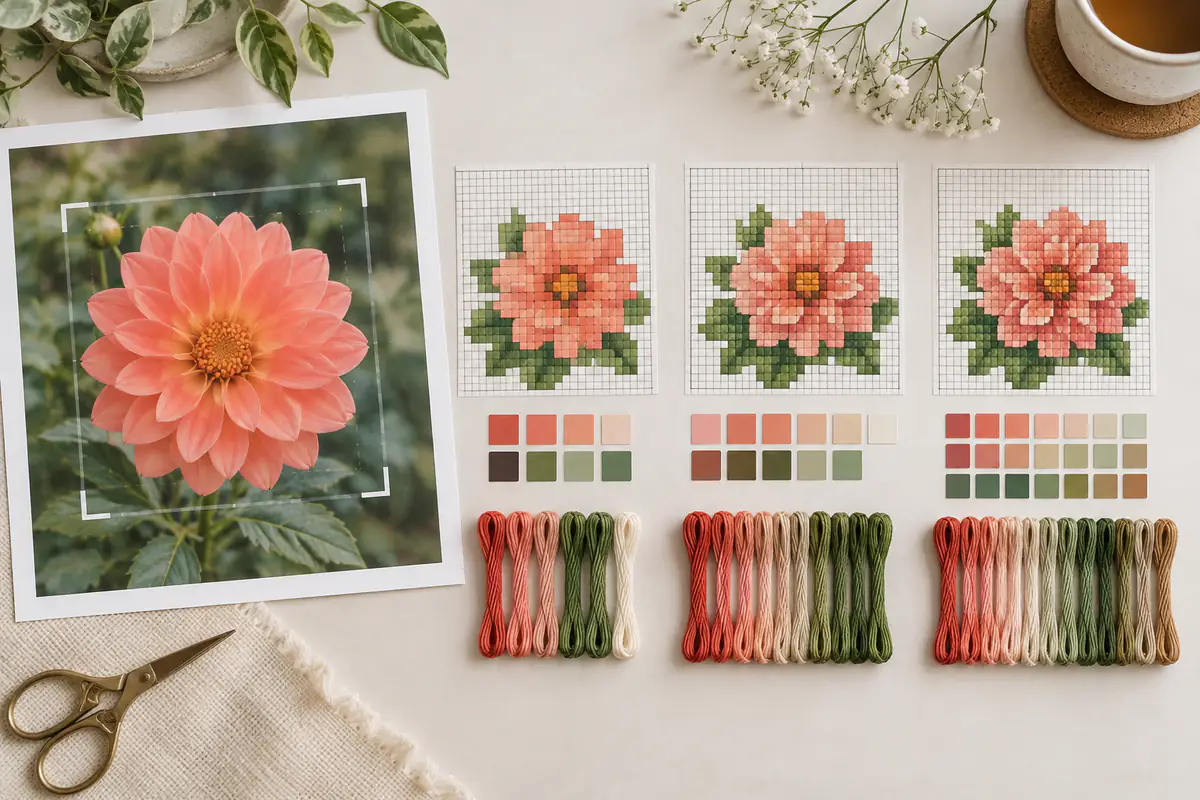 A flower photo crop beside three cross stitch palette and grid studies