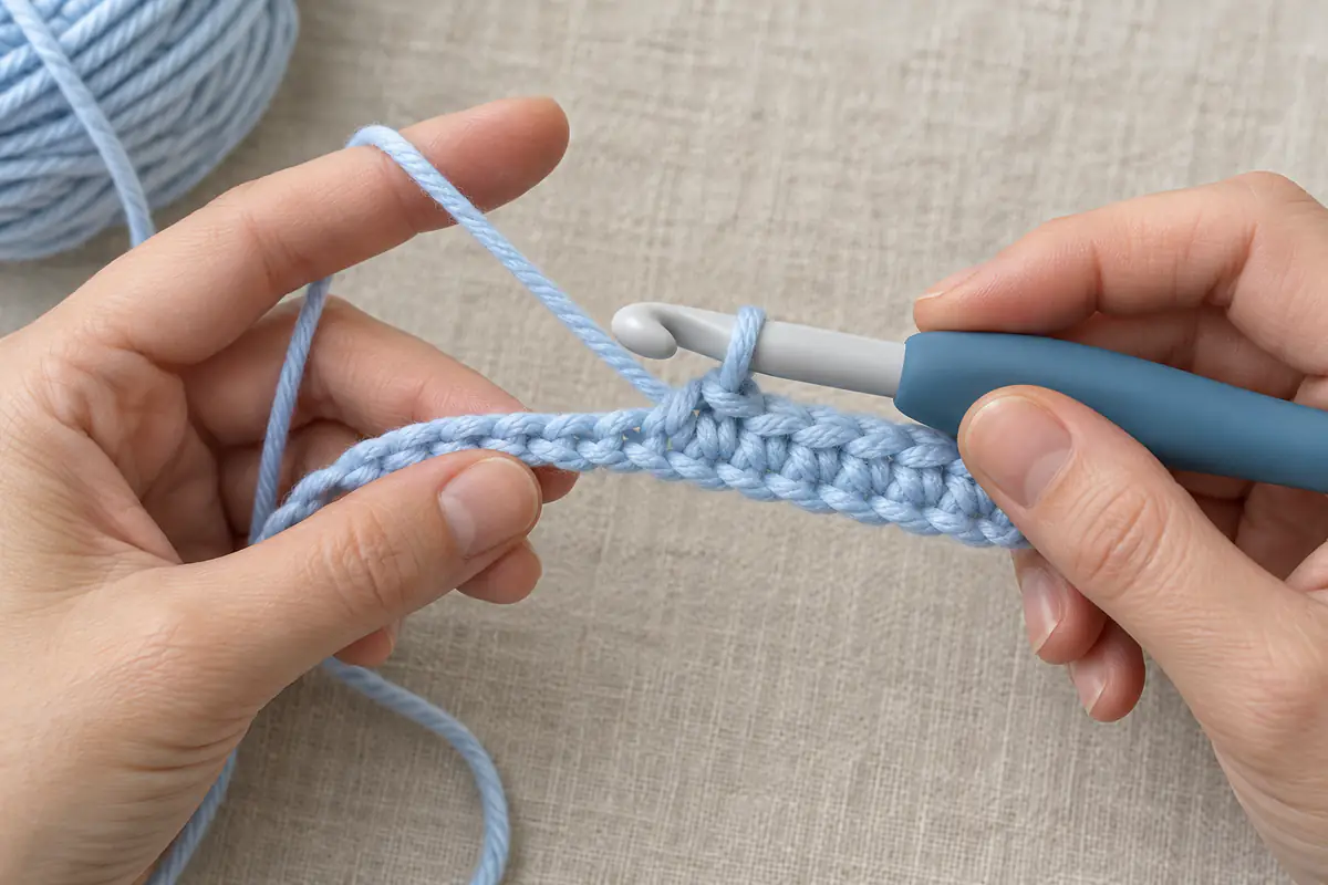 Hands making the first row of a simple crochet project