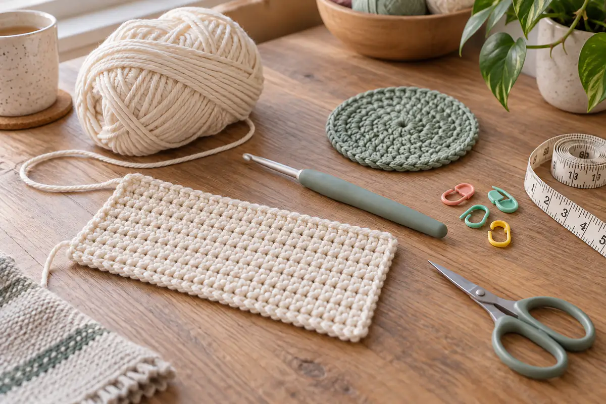 Beginner crochet workspace with a hook, yarn, coaster and simple rectangle