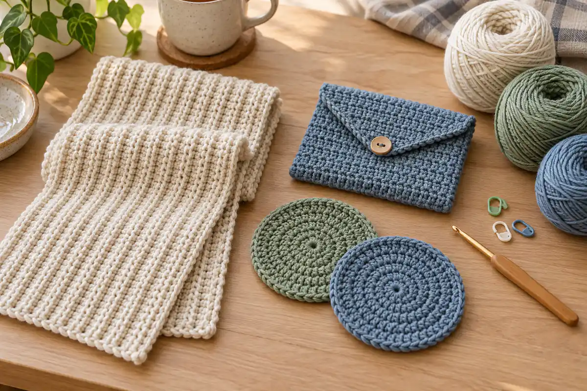 Simple beginner crochet scarf, coasters and drawstring pouch