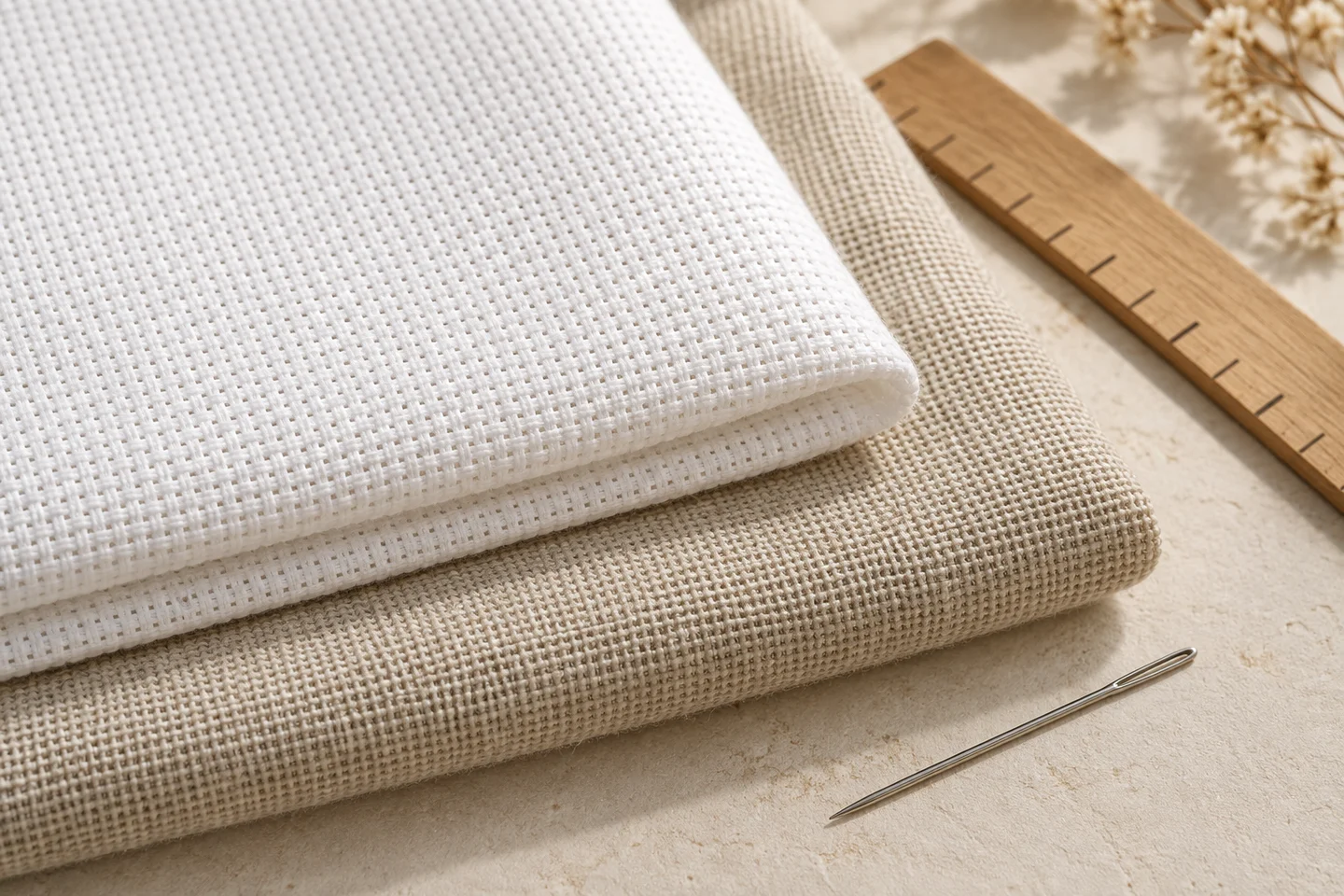Folded Aida and linen showing different weave textures
