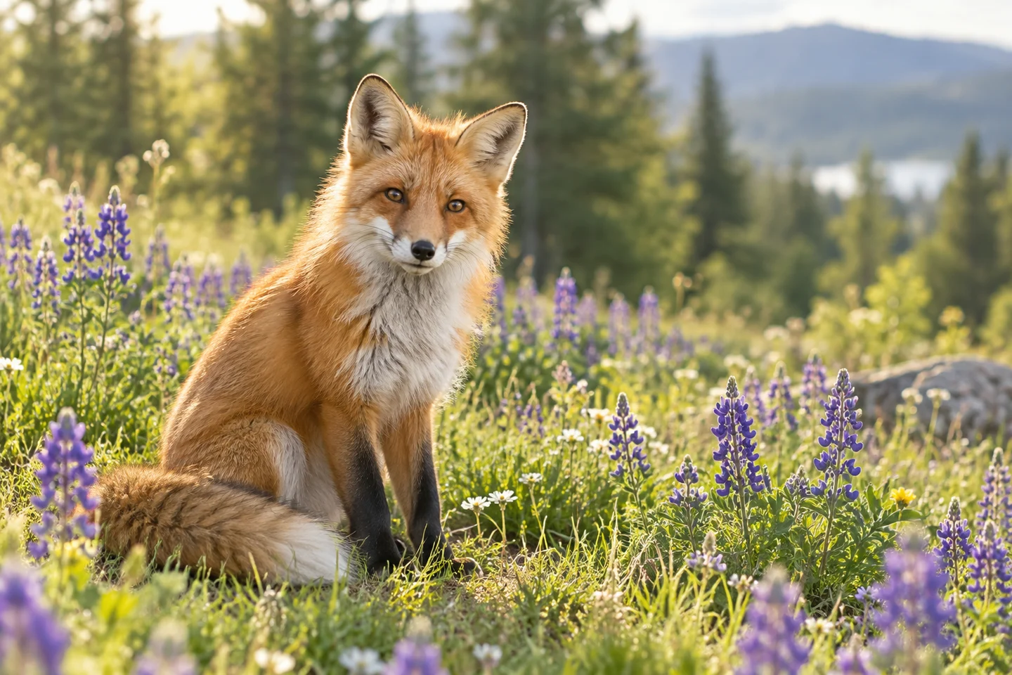 A red fox in a wildflower meadow