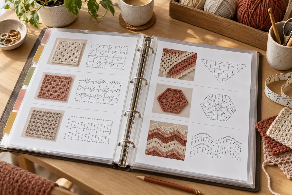 Crochet pattern pages organized in a neat craft binder
