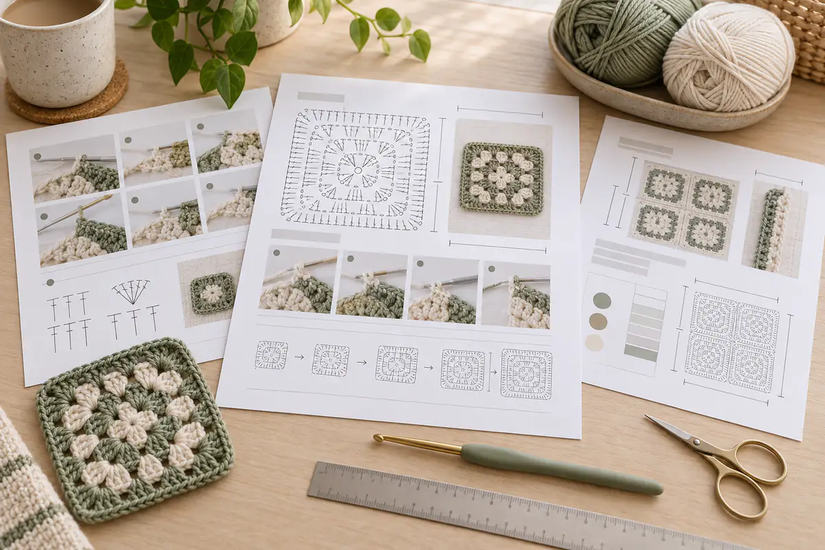 Printable crochet pattern pages beside a finished granny square and yarn