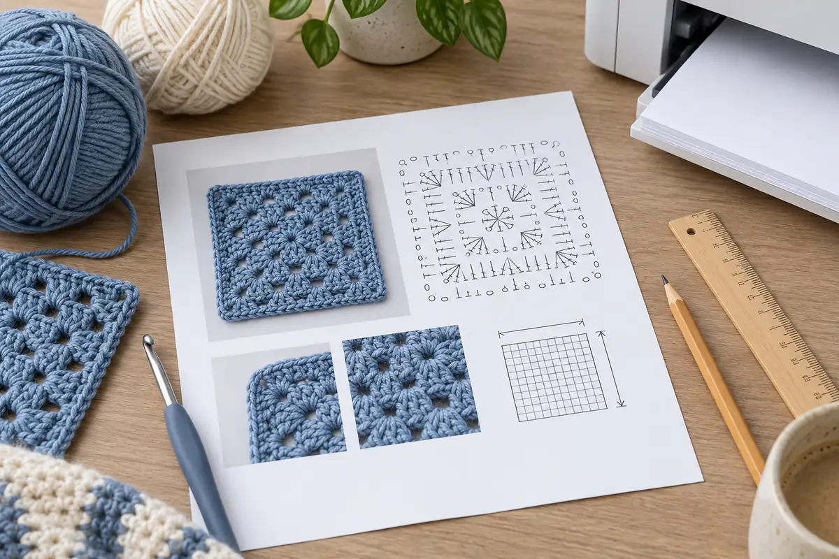 A crochet PDF checklist and printed pattern prepared on a craft desk