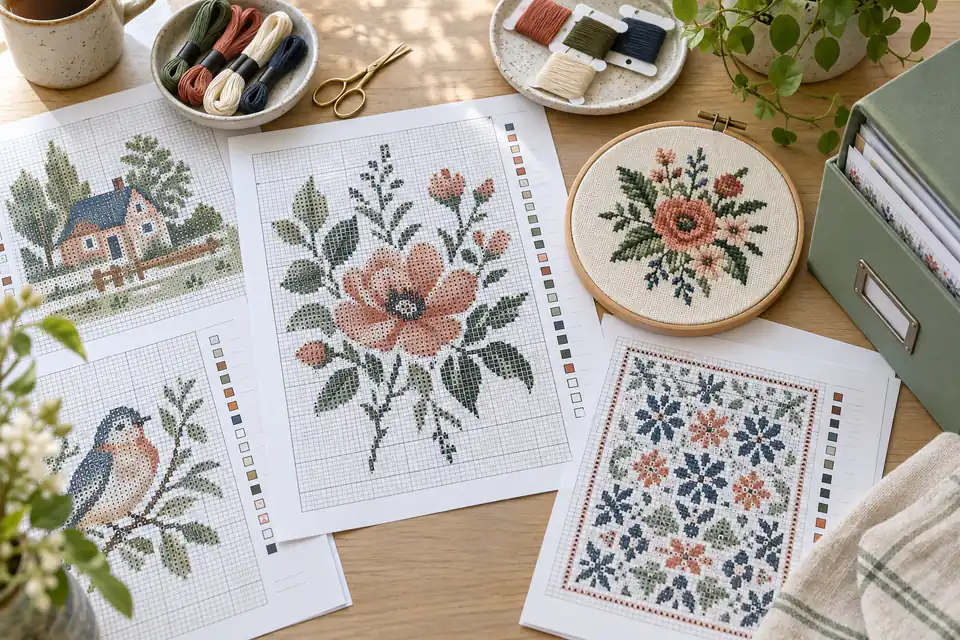 A curated set of free cross stitch pattern pages beside a floral hoop
