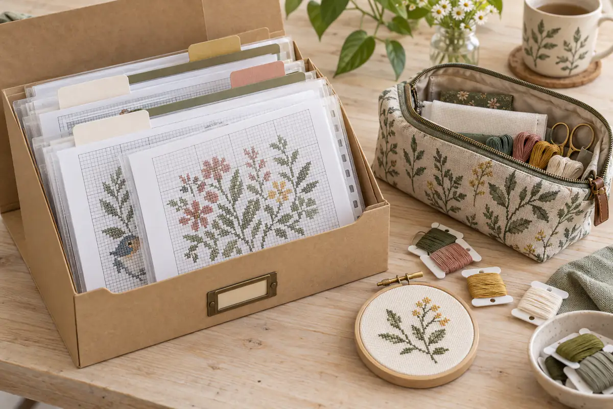 Cross stitch pattern printouts organized in a labeled craft folder