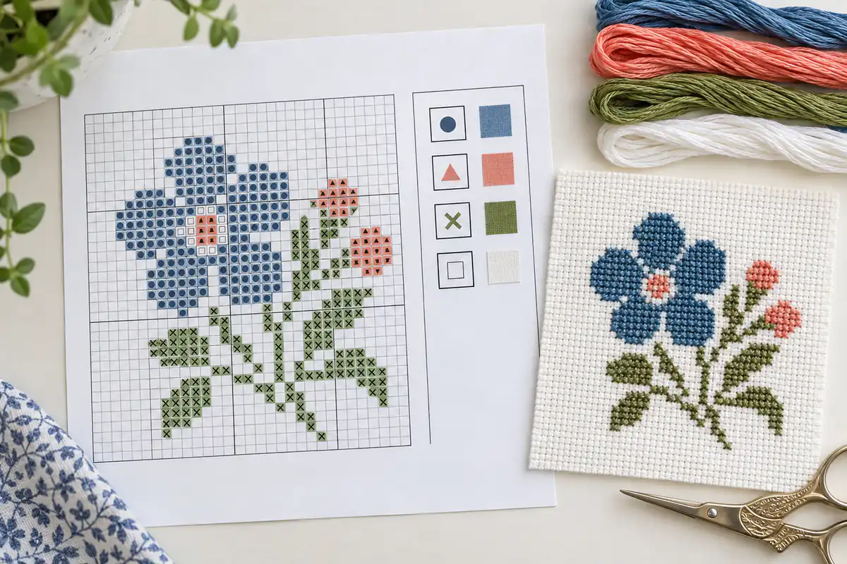 A readable cross stitch chart beside the matching stitched sample