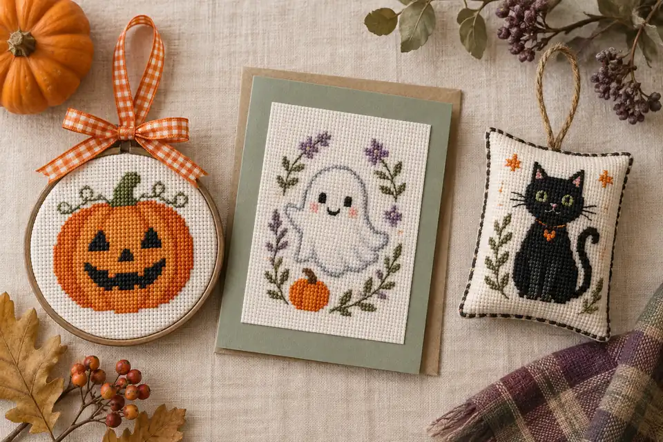 Small Halloween cross stitch finished as a hoop, card and hanging ornament