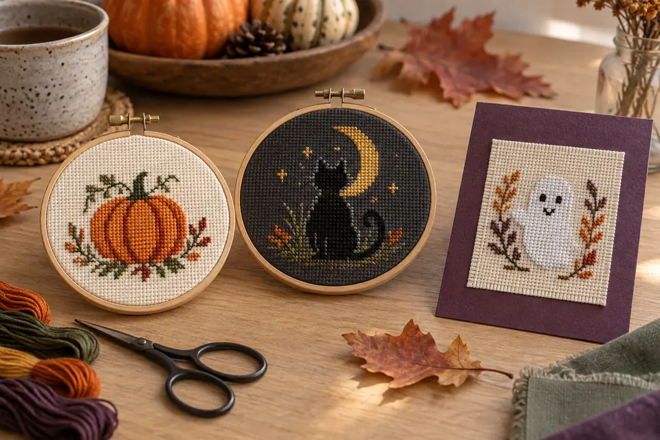 Three small Halloween cross stitch projects: pumpkin, moonlit cat and friendly ghost