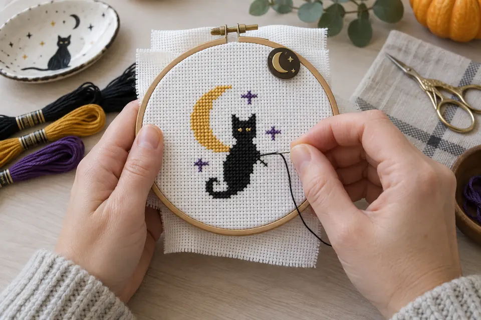 Hands stitching a small black cat and crescent moon motif on white Aida