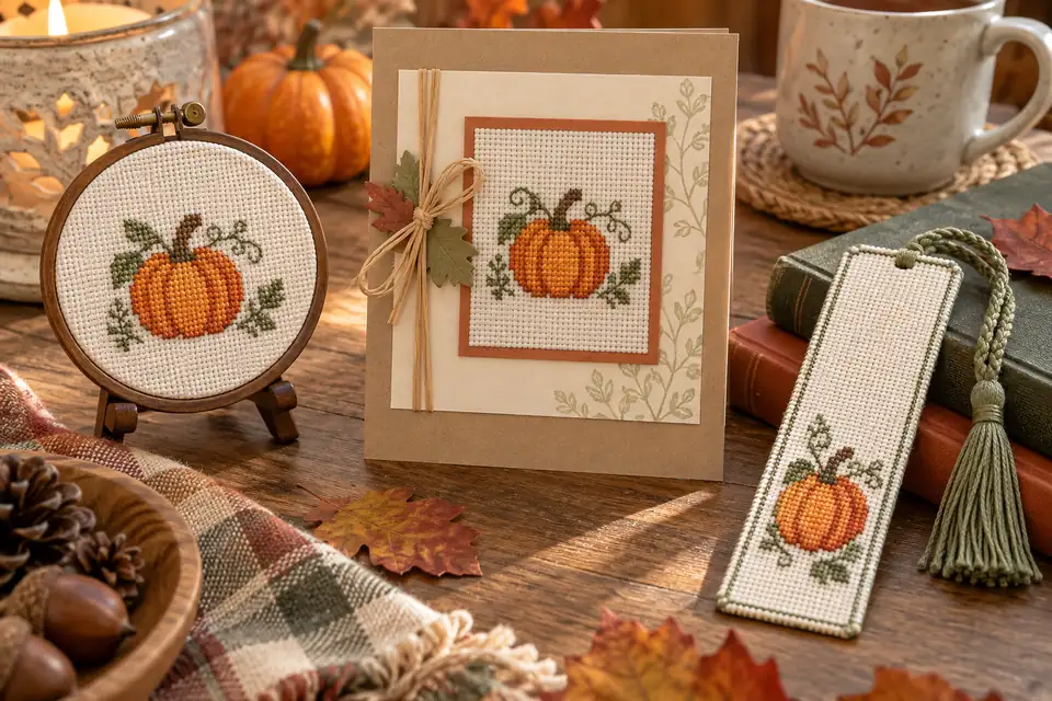 Pumpkin cross stitch finished as a hoop, greeting card and bookmark