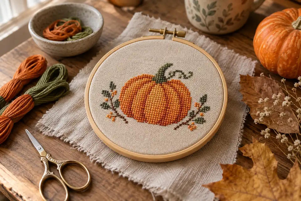Finished orange pumpkin cross stitch in a wooden hoop on an autumn craft table