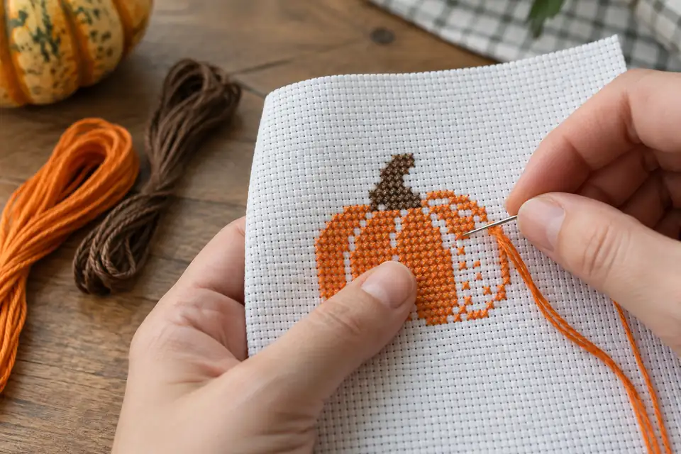 Hands stitching an orange pumpkin motif on white 14-count Aida
