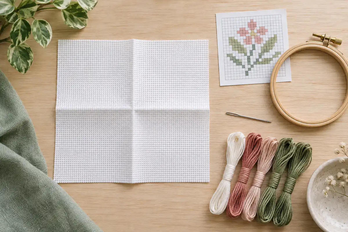 Folded Aida fabric marked at the center beside a hoop and printed chart