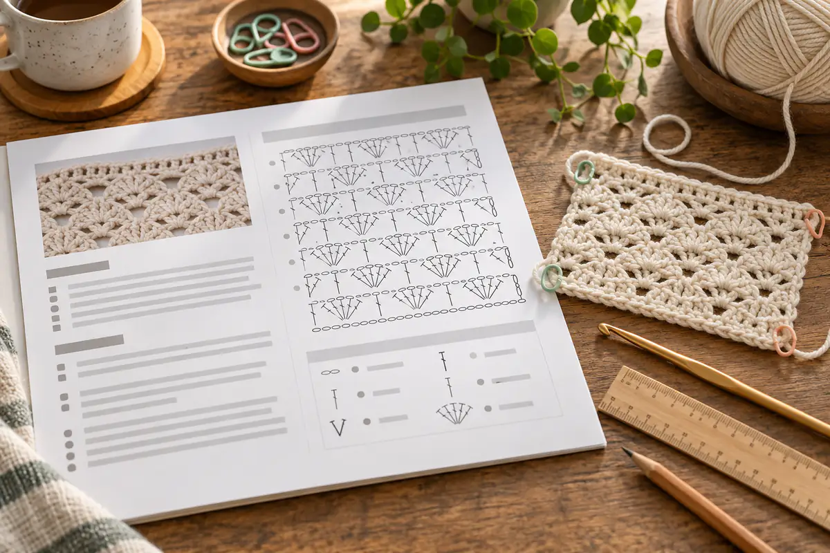 Crochet pattern reading workspace with chart, swatch, hook and markers