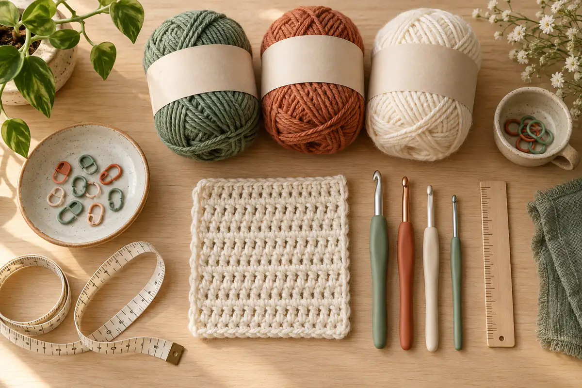 Crochet gauge swatch, yarn, hooks and measuring tools arranged for pattern planning
