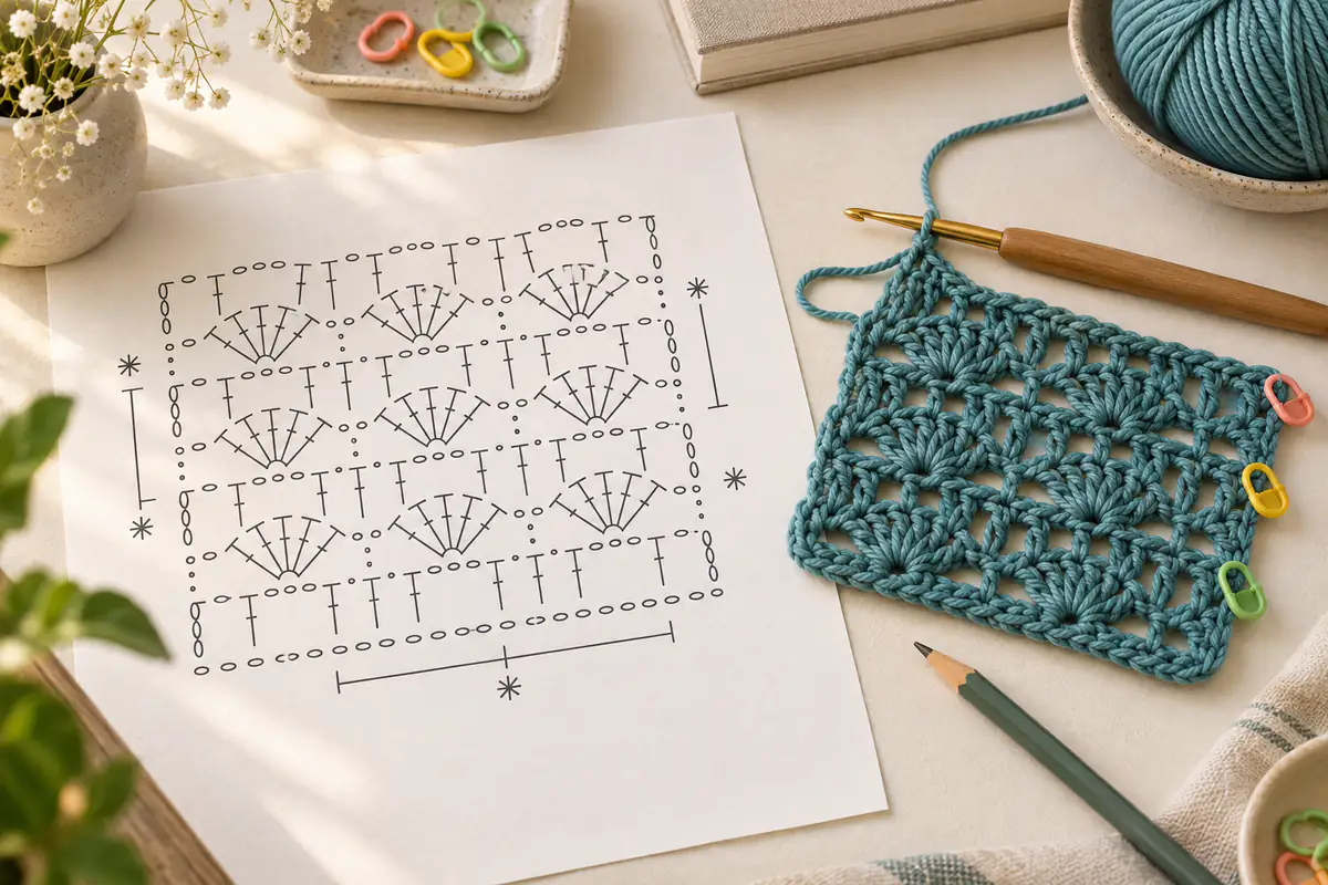 Crochet chart with repeat marks beside the matching teal swatch