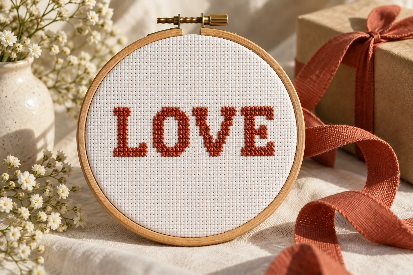 LOVE lettering stitched in a wooden embroidery hoop