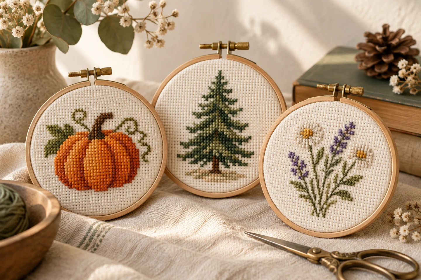 Seasonal embroidery hoops with a pumpkin, fir tree and flowers