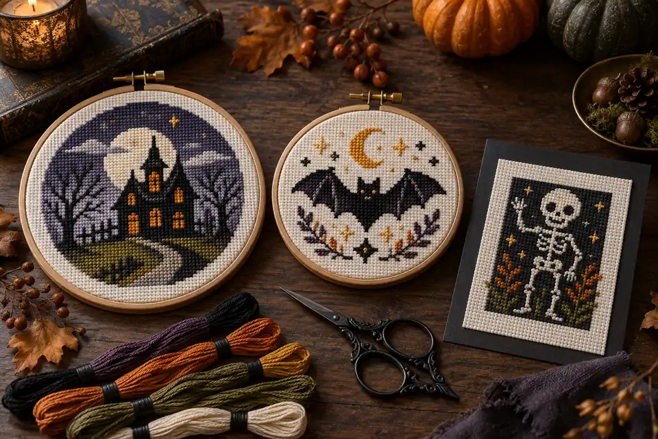 Spooky cross stitch display with a haunted house, bat and skeleton motifs